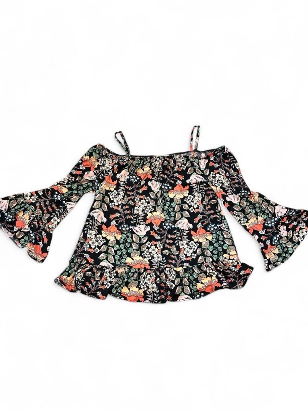 ECI Black Floral Off-Shoulder Bell Sleeve Blouse with Spaghetti Straps